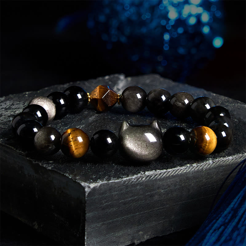 Buddha Stones Natural Silver Sheen Obsidian Beads Cute Cat Soothing Bracelet - image 3