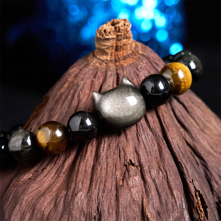 Buddha Stones Natural Silver Sheen Obsidian Beads Cute Cat Soothing Bracelet - image 4