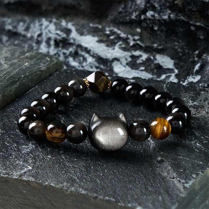 Buddha Stones Natural Silver Sheen Obsidian Beads Cute Cat Soothing Bracelet - 21-22CM - image 1