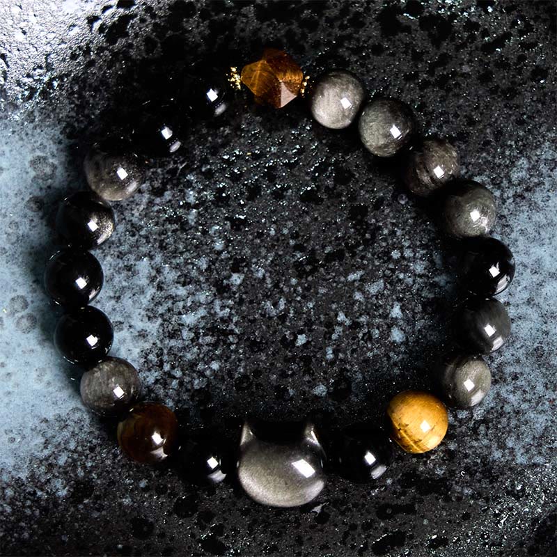 Buddha Stones Natural Silver Sheen Obsidian Beads Cute Cat Soothing Bracelet - image 2