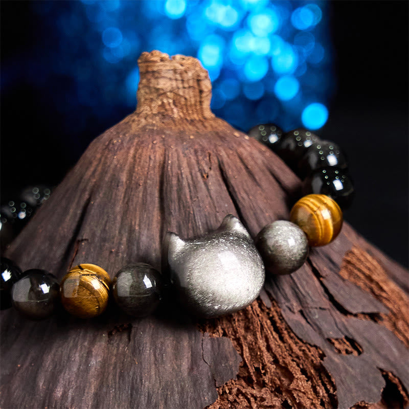 Buddha Stones Natural Silver Sheen Obsidian Beads Cute Cat Soothing Bracelet - image 7