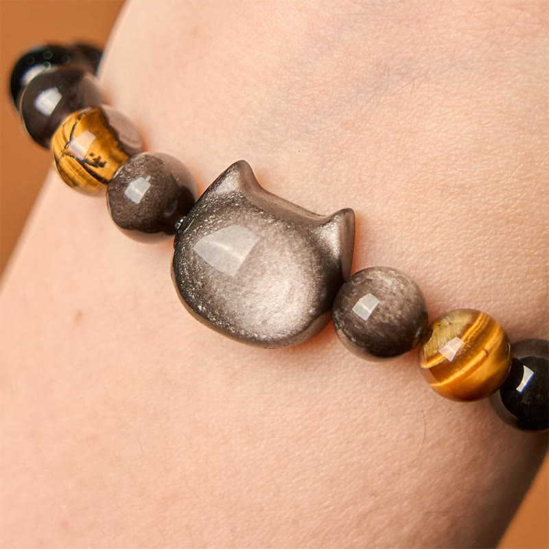 Buddha Stones Natural Silver Sheen Obsidian Beads Cute Cat Soothing Bracelet - image 5