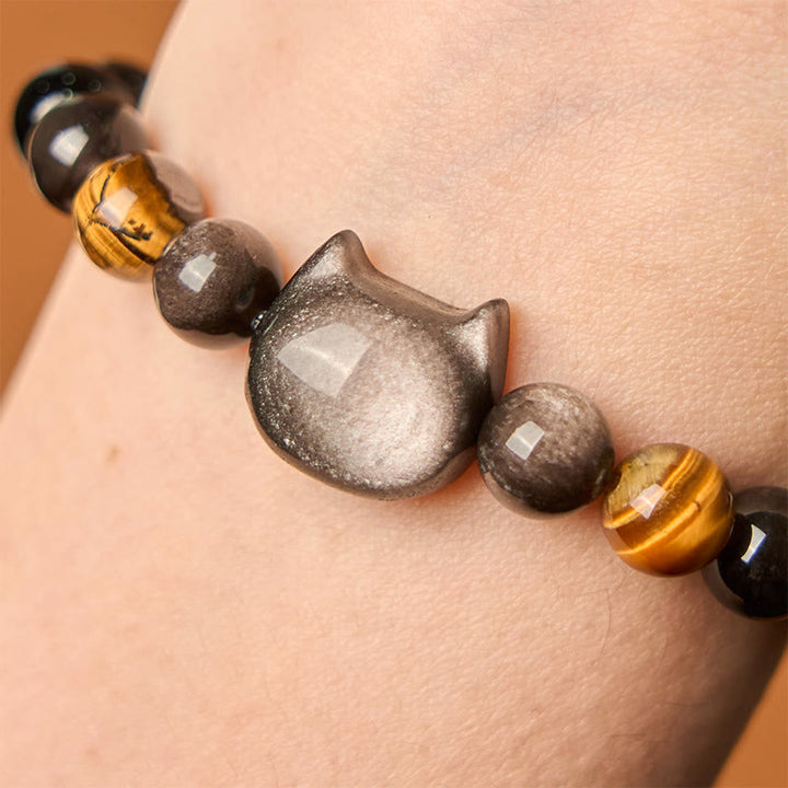 Buddha Stones Natural Silver Sheen Obsidian Beads Cute Cat Soothing Bracelet - image 5