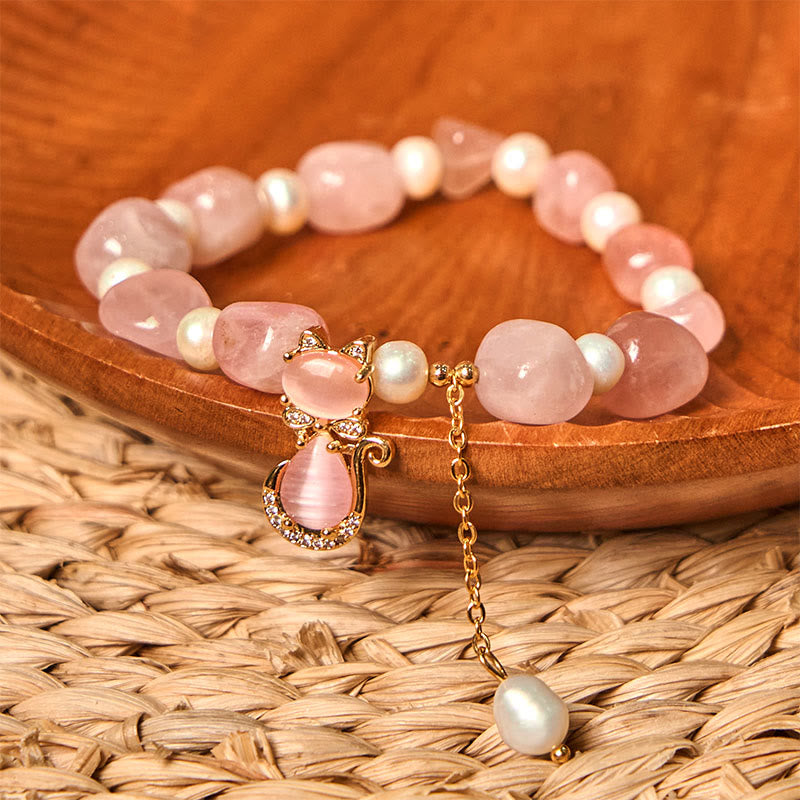 Buddha Stones Natural Strawberry Quartz Pearl Cat Positive Bracelet - image 2