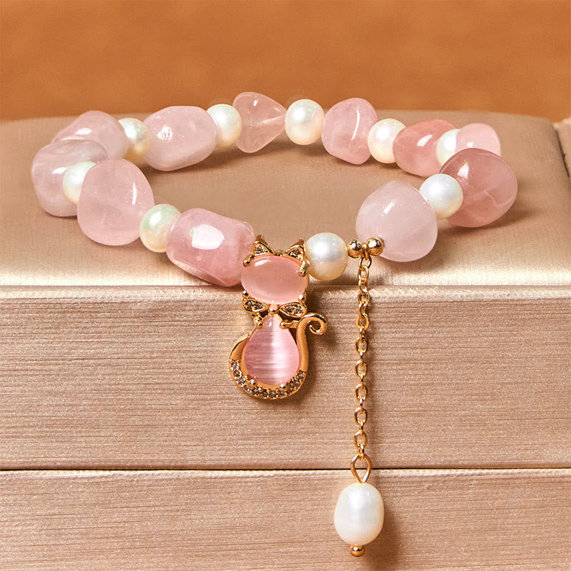 Buddha Stones Natural Strawberry Quartz Pearl Cat Positive Bracelet - Strawberry Quartz&Pearl(Wrist Circumference: 15-17cm) - image 1