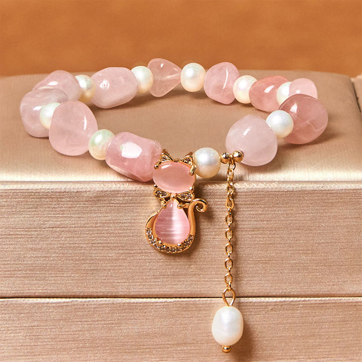Buddha Stones Natural Strawberry Quartz Pearl Cat Positive Bracelet - Strawberry Quartz&Pearl(Wrist Circumference: 15-17cm) - image 1
