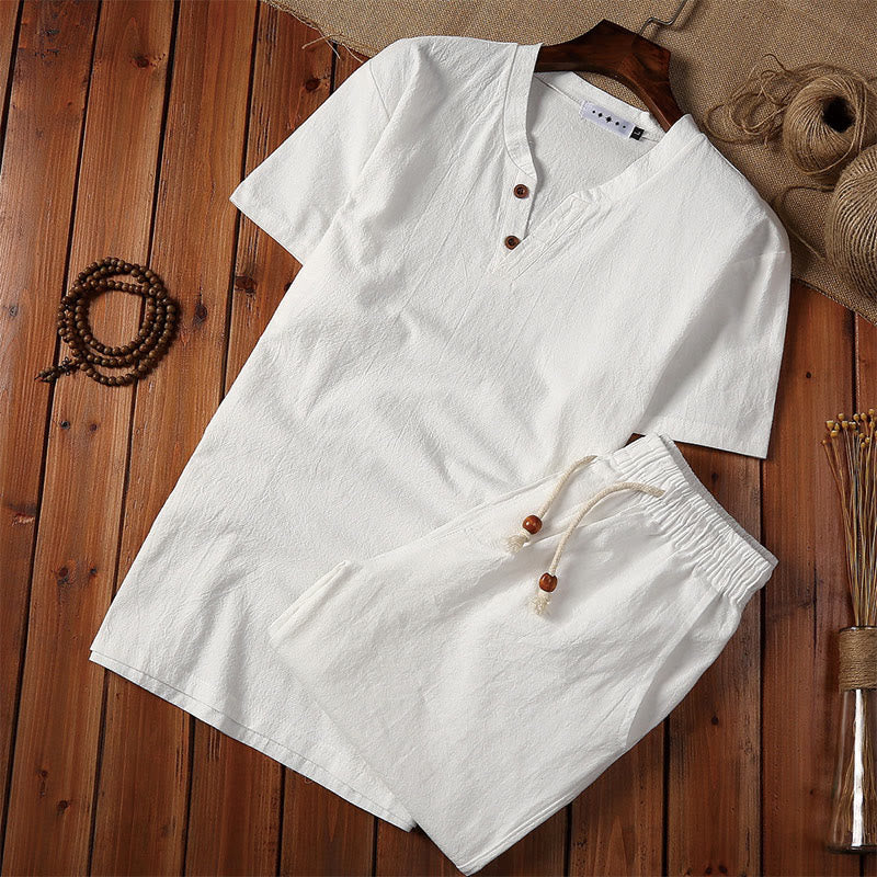 Buddha Stones 2Pcs Plain Notched Collar Short Sleeve T-Shirt Shorts With Pockets Cotton Linen Men's Meditation Cloth Set - White - US/UK/AU46，EU56 (5XL) - image 1
