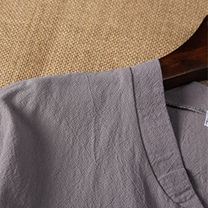 Buddha Stones 2Pcs Plain Notched Collar Short Sleeve T-Shirt Shorts With Pockets Cotton Linen Men's Meditation Cloth Set - image 11