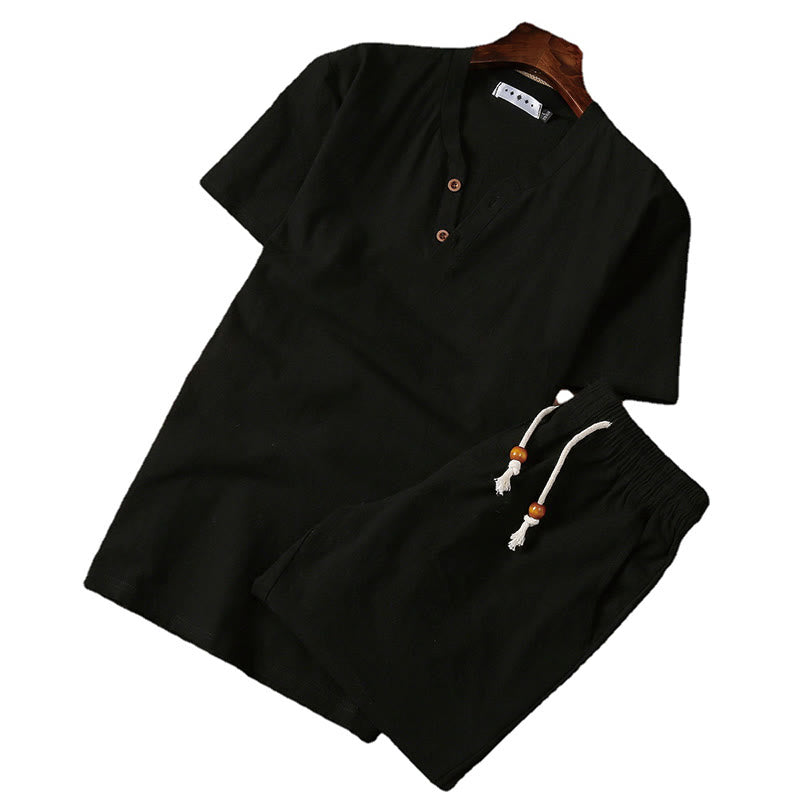 Buddha Stones 2Pcs Plain Notched Collar Short Sleeve T-Shirt Shorts With Pockets Cotton Linen Men's Meditation Cloth Set - image 5