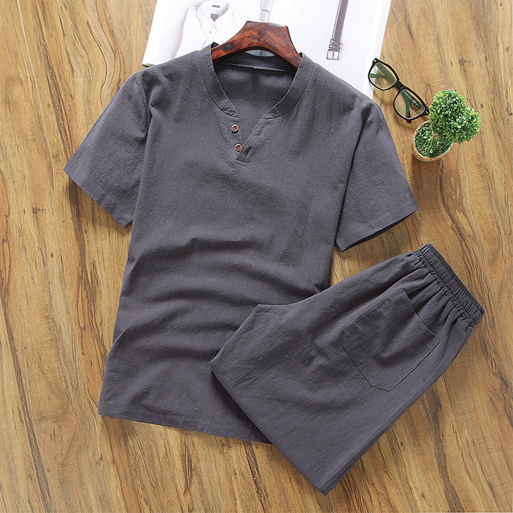 Buddha Stones Casual 2Pcs Plain Sleeve T-Shirt Shorts With Pockets Cotton Linen Men's Meditation Cloth Set - DimGray - US/UK/AU46，EU56 (5XL) - image 6