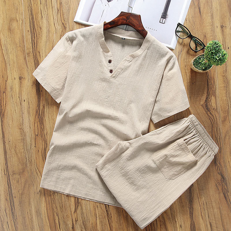 Buddha Stones Casual 2Pcs Plain Sleeve T-Shirt Shorts With Pockets Men's Meditation Cloth Set - PaleGoldenrod - US/UK/AU46，EU56 (5XL) - image 0