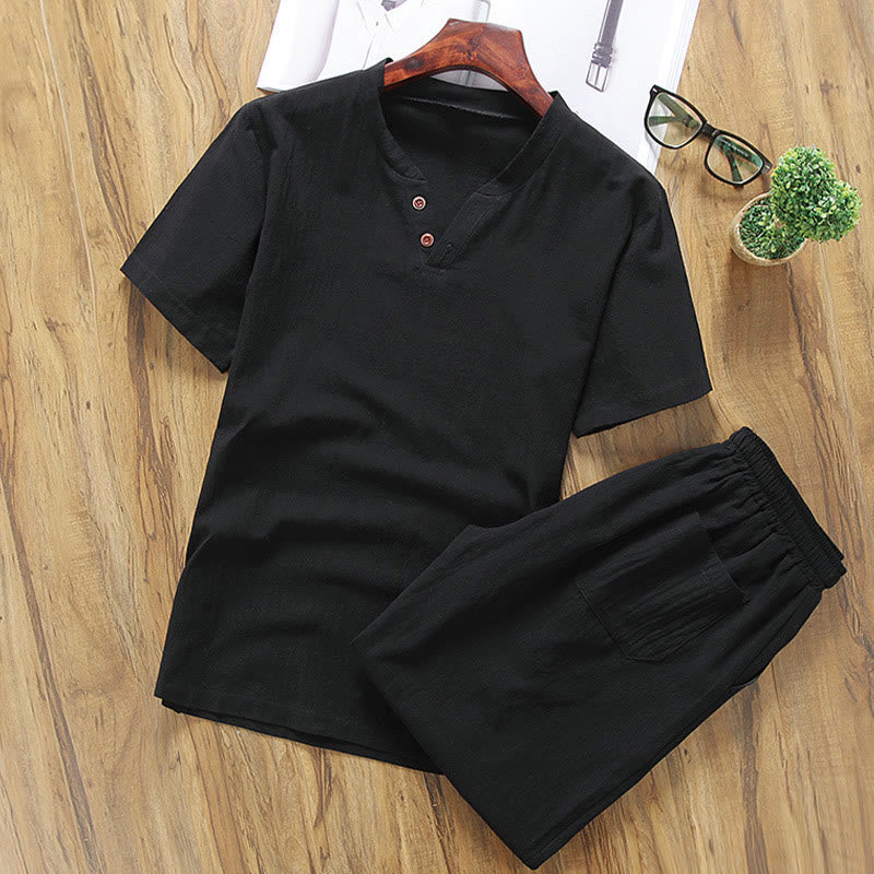 Buddha Stones Casual 2Pcs Plain Sleeve T-Shirt Shorts With Pockets Cotton Linen Men's Meditation Cloth Set - Black - US/UK/AU46，EU56 (5XL) - image 8