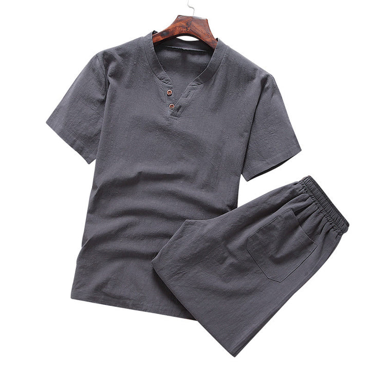 Buddha Stones Casual 2Pcs Plain Sleeve T-Shirt Shorts With Pockets Cotton Linen Men's Meditation Cloth Set - image 7