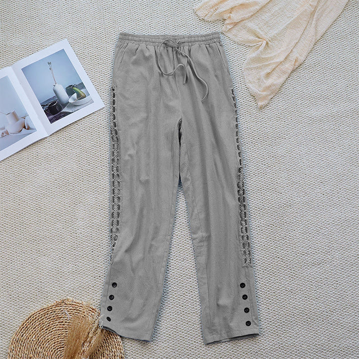 Buddha Stones Summer Plain Color Splicing Design Cotton Linen Women's Pants With Pockets - LightGrey - US12，UK/AU16，EU44 (2XL) - image 14