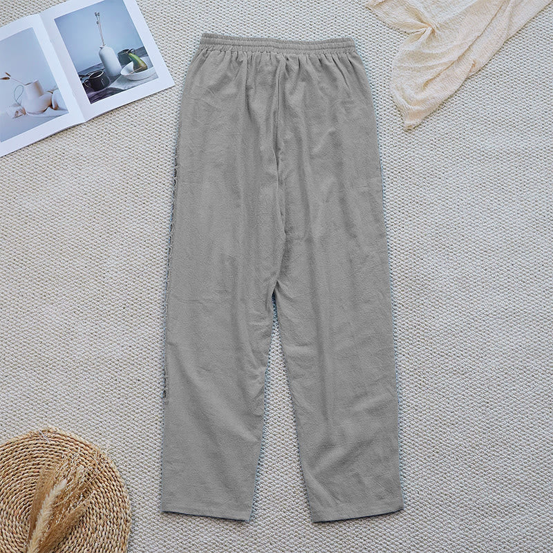 Buddha Stones Summer Plain Color Splicing Design Cotton Linen Women's Pants With Pockets - image 16