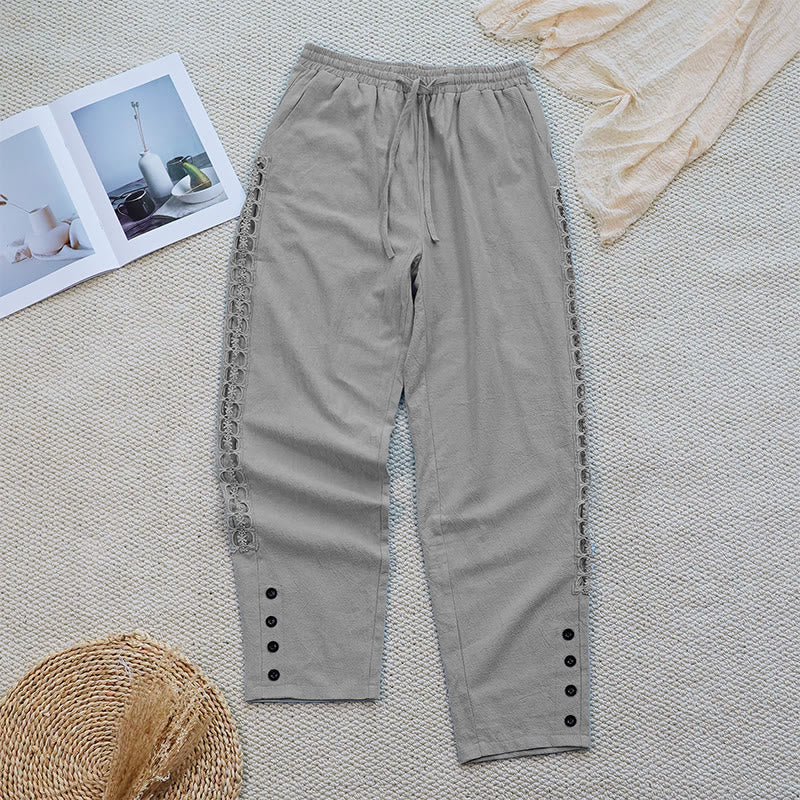 Buddha Stones Summer Plain Color Splicing Design Cotton Linen Women's Pants With Pockets - image 15