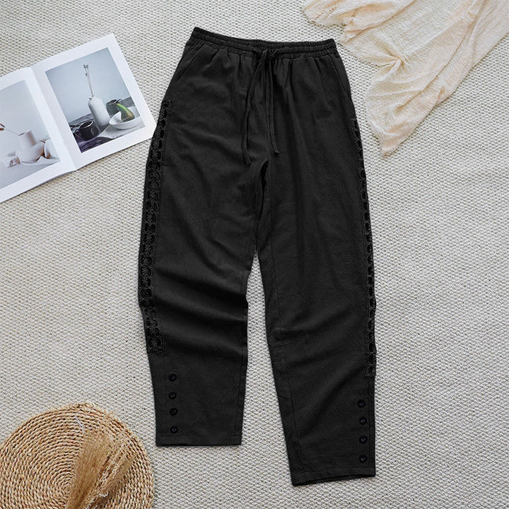Buddha Stones Summer Plain Color Splicing Design Cotton Linen Women's Pants With Pockets - image 9