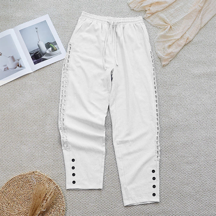 Buddha Stones Summer Plain Color Splicing Design Cotton Linen Women's Pants With Pockets - image 1