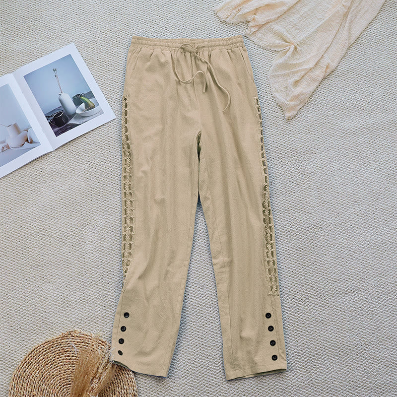 Buddha Stones Summer Plain Color Splicing Design Cotton Linen Women's Pants With Pockets - PaleGoldenrod - US12，UK/AU16，EU44 (2XL) - image 21