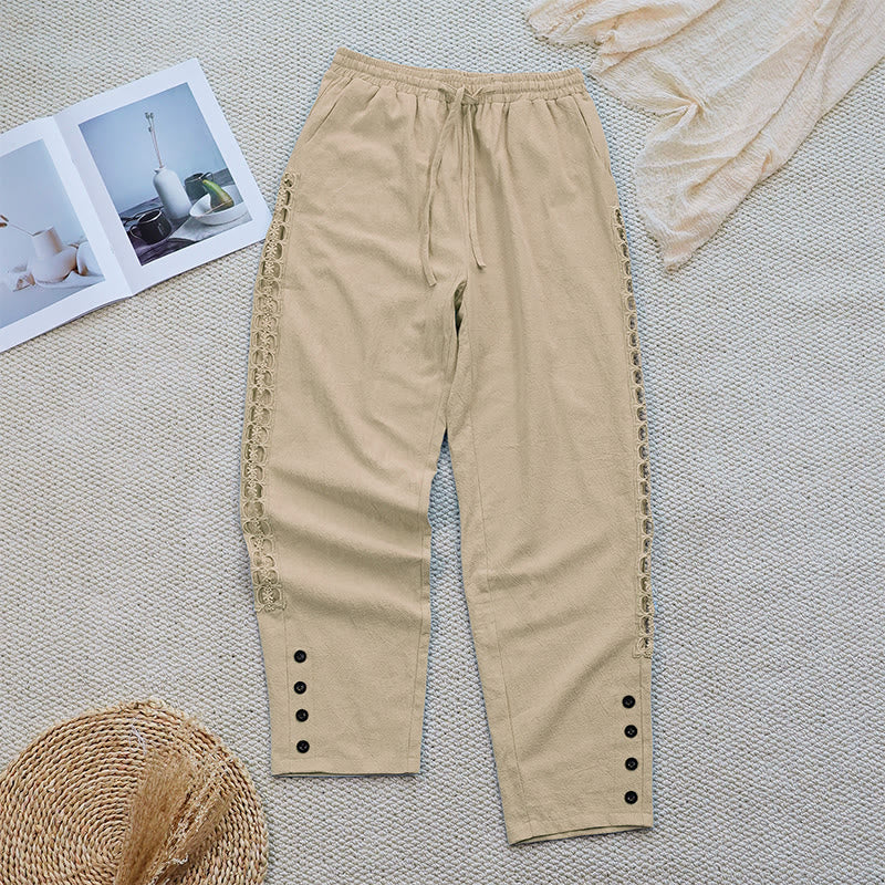 Buddha Stones Summer Plain Color Splicing Design Cotton Linen Women's Pants With Pockets - image 22