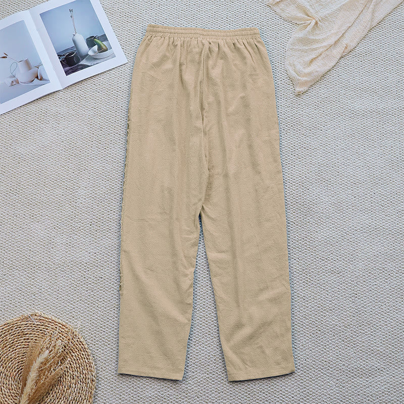Buddha Stones Summer Plain Color Splicing Design Cotton Linen Women's Pants With Pockets - image 23