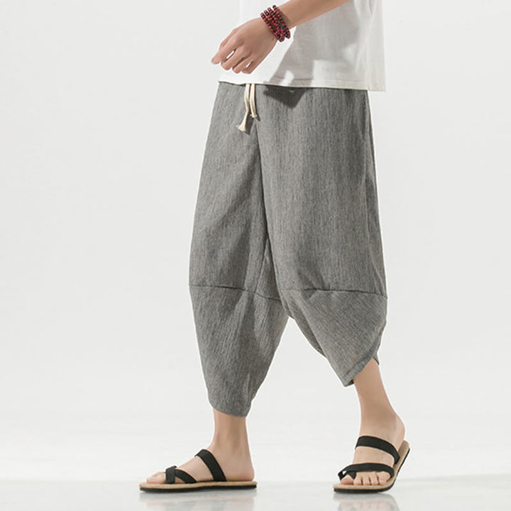 Buddha Stones Plain Simple Design Drawstring 7-8 Length Linen Men's Harem Pants With Pockets