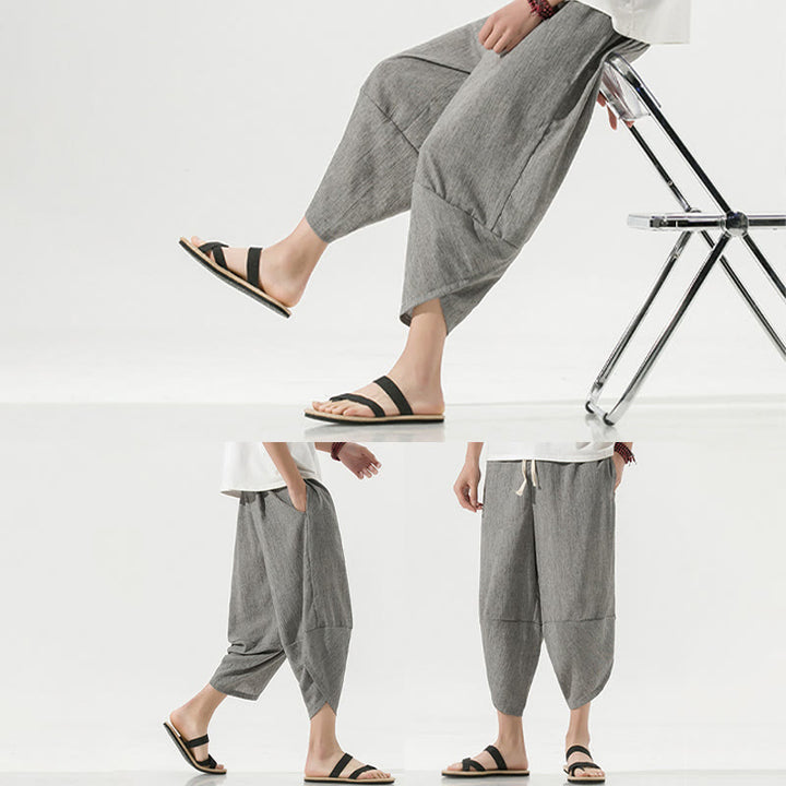 Buddha Stones Plain Simple Design Drawstring 7-8 Length Linen Men's Harem Pants With Pockets - image 5