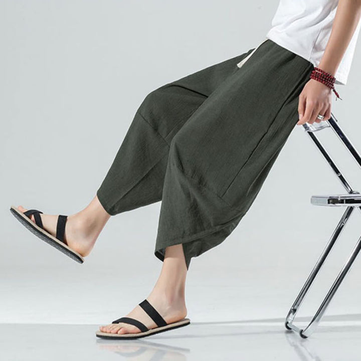 Buddha Stones Plain Simple Design Drawstring 7-8 Length Linen Men's Harem Pants With Pockets - image 26