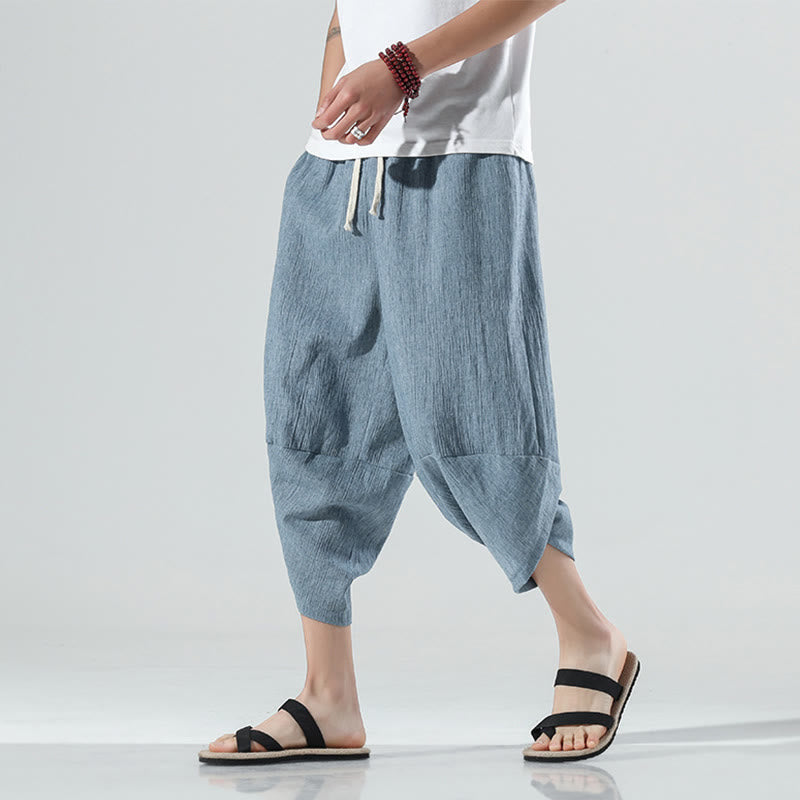 Buddha Stones Plain Simple Design Drawstring 7-8 Length Linen Men's Harem Pants With Pockets - LightBlue - US/UK/AU46，EU56 (5XL) - image 13