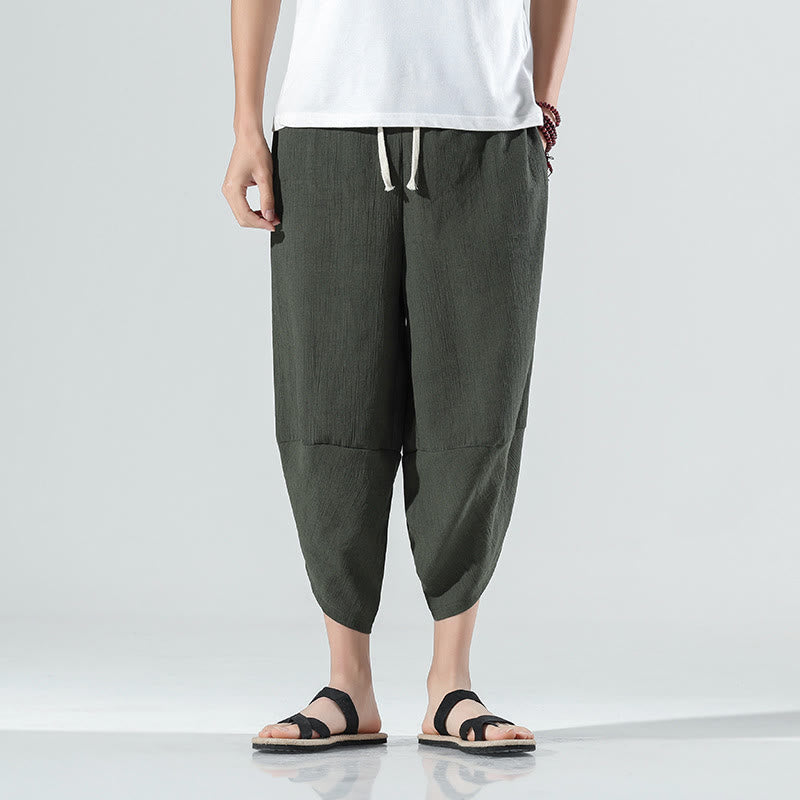 Buddha Stones Plain Simple Design Drawstring 7-8 Length Linen Men's Harem Pants With Pockets - image 22