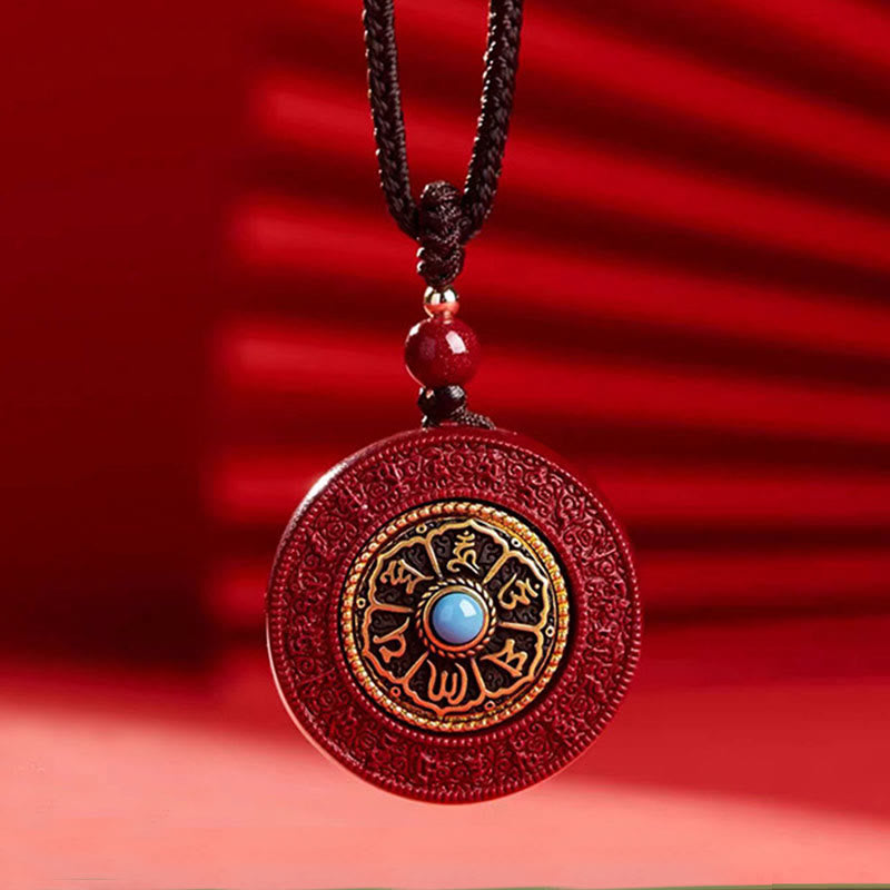 Buddha Stones Natural Cinnabar Om Mani Padme Hum Rotatable Scripture Yin Yang Pattern Blessing Necklace String Pendant