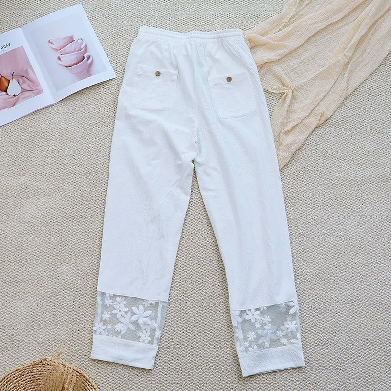 Buddha Stones Summer Daily FloralWhite Plain Patchwork Lace Design Cotton Linen Women's Pants With Pockets