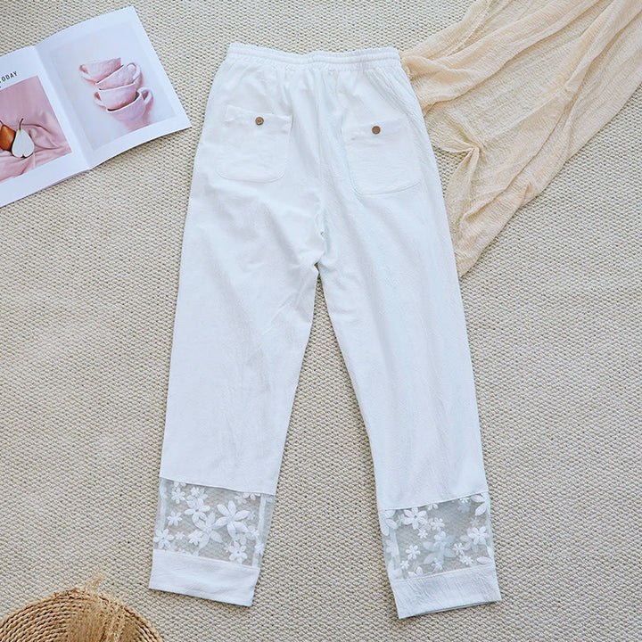 Buddha Stones Summer Daily FloralWhite Plain Patchwork Lace Design Cotton Linen Women's Pants With Pockets