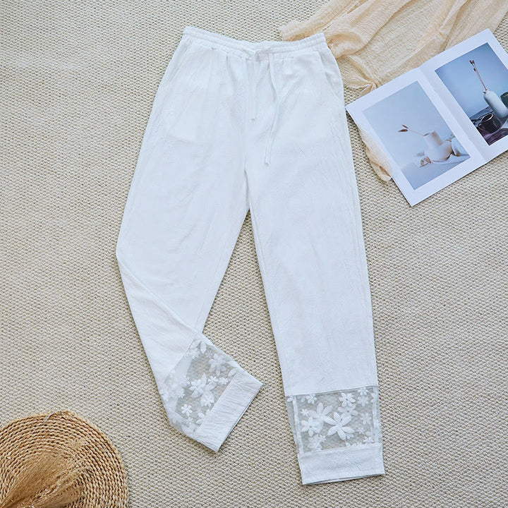 Buddha Stones Summer Daily FloralWhite Plain Patchwork Lace Design Cotton Linen Women's Pants With Pockets