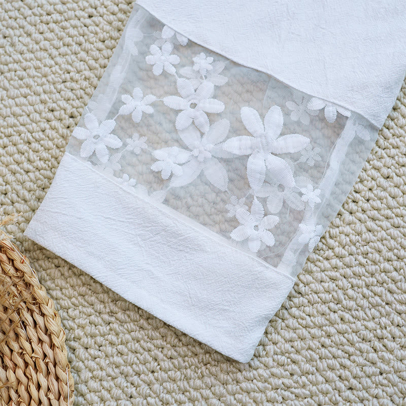 Buddha Stones Summer Daily FloralWhite Plain Patchwork Lace Design Cotton Linen Women's Pants With Pockets