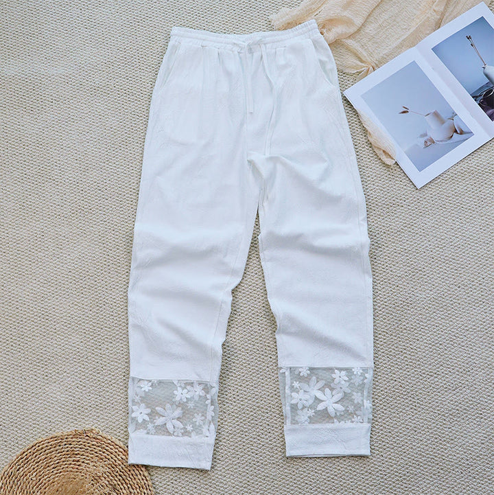 Buddha Stones Summer Daily FloralWhite Plain Patchwork Lace Design Cotton Linen Women's Pants With Pockets