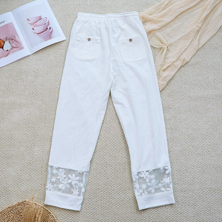 Buddha Stones Summer Daily FloralWhite Plain Patchwork Lace Design Cotton Linen Women's Pants With Pockets