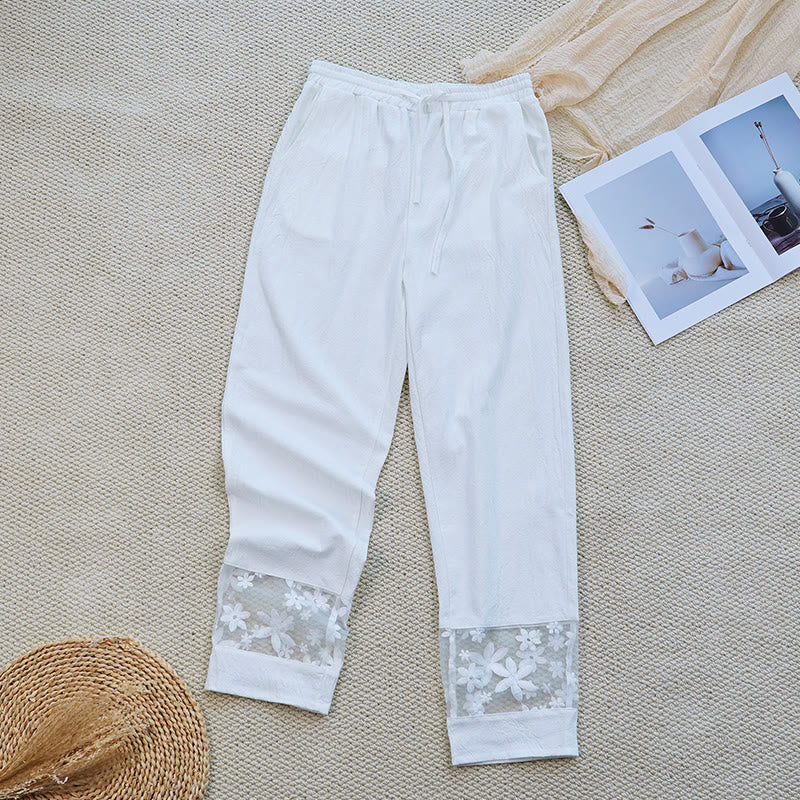Buddha Stones Summer Daily FloralWhite Plain Patchwork Lace Design Cotton Linen Women's Pants With Pockets