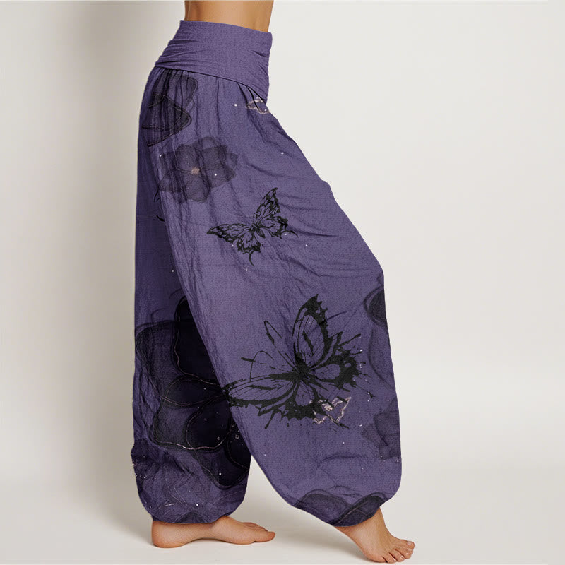 Buddha Stones Butterfly Flowers Pattern Women's Elastic Waist Harem Pants - image 3