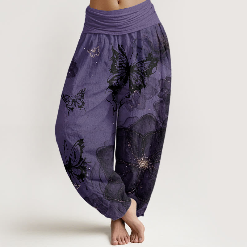 Buddha Stones Butterfly Flowers Pattern Women's Elastic Waist Harem Pants - DarkViolet - US22，UK/AU26，EU54 (6XL) - image 1