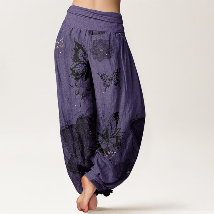 Buddha Stones Cotton Butterfly Flowers Pattern Women's Elastic Waist Harem Pants - image 1