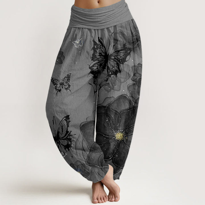 Buddha Stones Butterfly Flowers Pattern Women's Elastic Waist Harem Pants - Gray - US22，UK/AU26，EU54 (6XL) - image 4