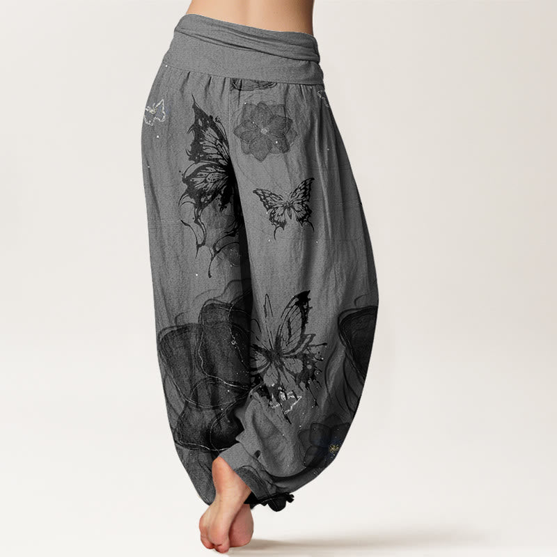 Buddha Stones Butterfly Flowers Pattern Women's Elastic Waist Harem Pants - image 6