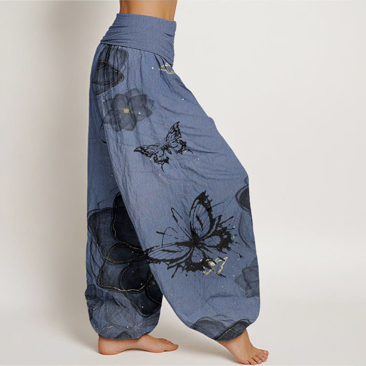 Buddha Stones Butterfly Flowers Pattern Women's Elastic Waist Harem Pants - image 9