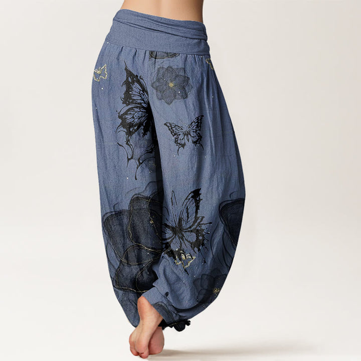 Buddha Stones Butterfly Flowers Pattern Women's Elastic Waist Harem Pants - image 8