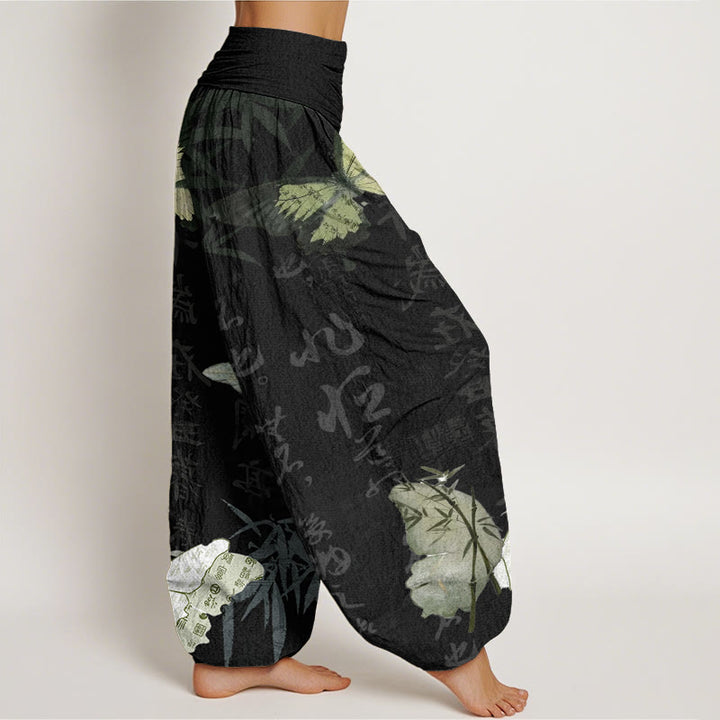 Buddha Stones Cotton Butterfly Bamboo Leaves Chinese Characters Pattern Women's Elastic Waist Harem Pants - image 2
