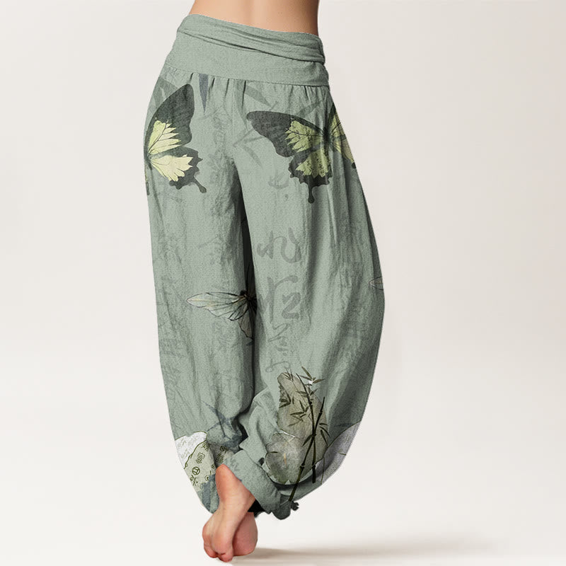 Buddha Stones Butterfly Bamboo Leaves Chinese Characters Pattern Women's Elastic Waist Harem Pants - image 6