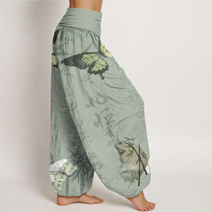 Buddha Stones Butterfly Bamboo Leaves Chinese Characters Pattern Women's Elastic Waist Harem Pants - image 7