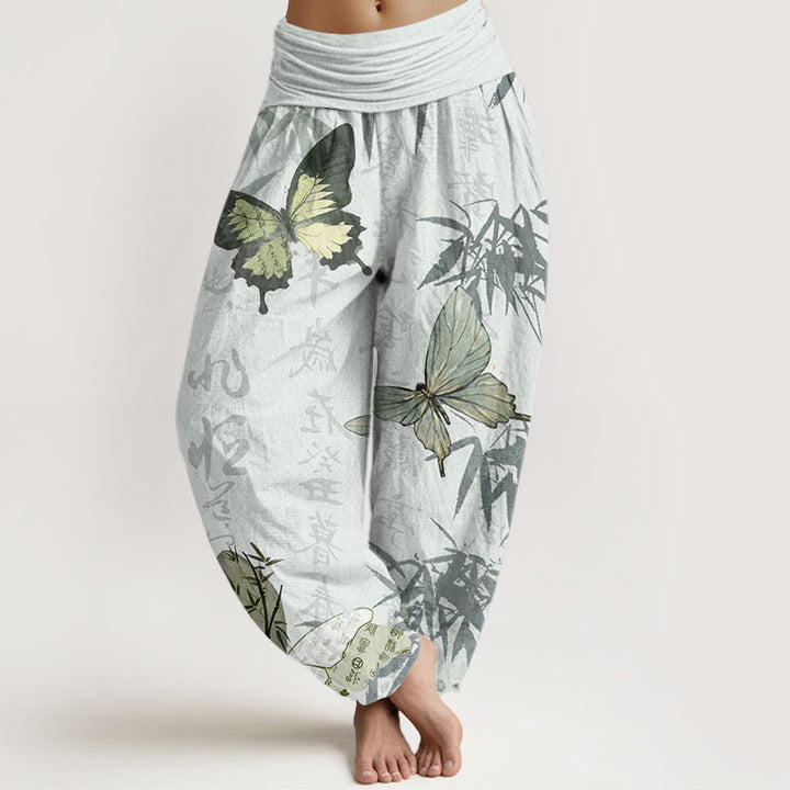 Buddha Stones Cotton Butterfly Bamboo Leaves Chinese Characters Pattern Women's Elastic Waist Harem Pants - Honeydew - US22，UK/AU26，EU54 (6XL) - image 7