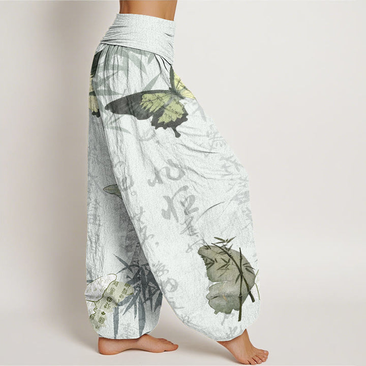 Buddha Stones Cotton Butterfly Bamboo Leaves Chinese Characters Pattern Women's Elastic Waist Harem Pants - image 9